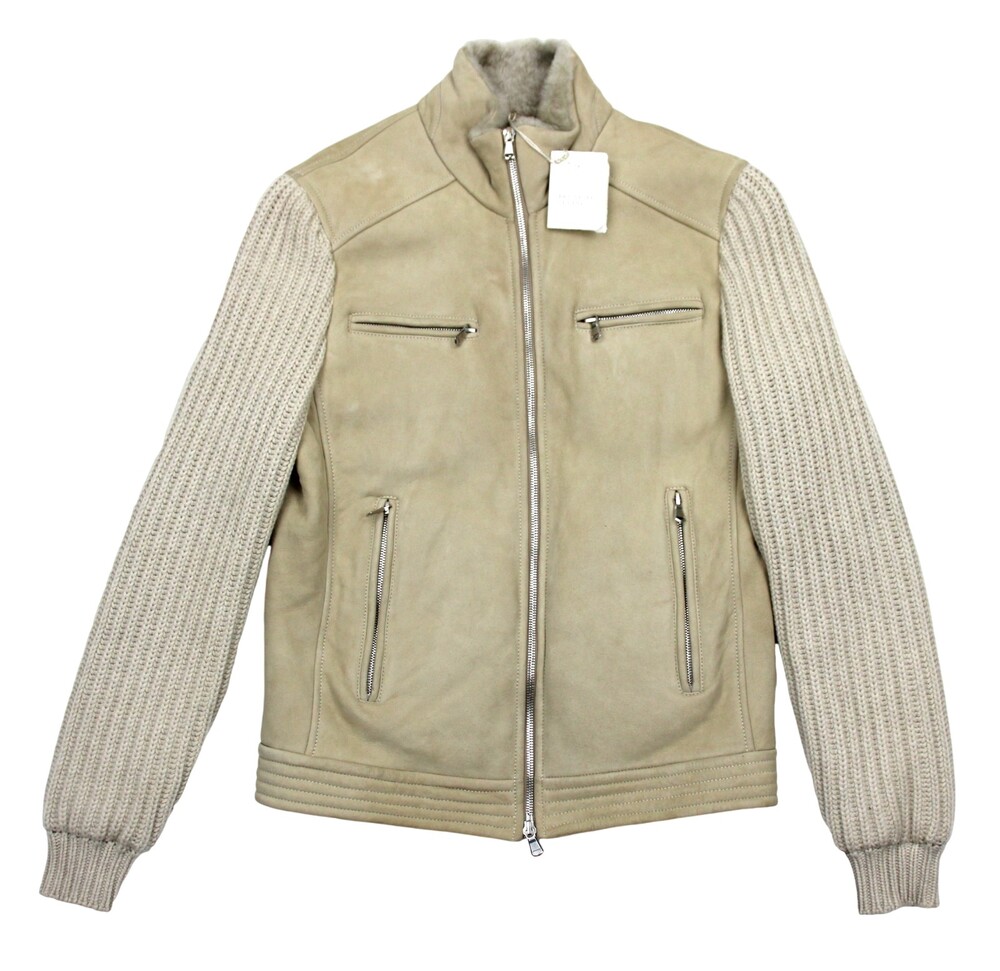 $11800 Brunello Cucinelli Suede Shearling Cashmere Knit Bomber Jacket XS Beige